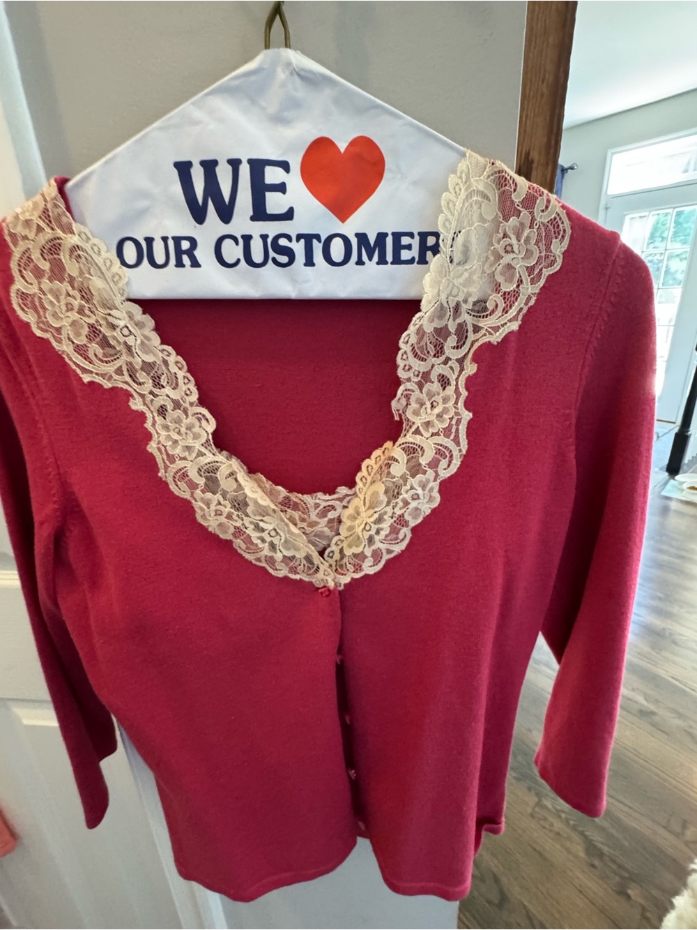 Women’s Lace-Trim Pink Cardigan Sweater set (camisole and sweater)
